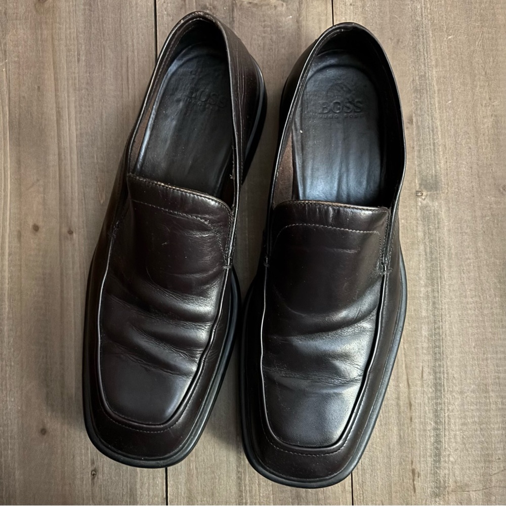 HUGO BOSS MENS DARK BROWN LEATHER SLIP ON DRESS SHOES SIZE 9.5 MADE IN ITALY